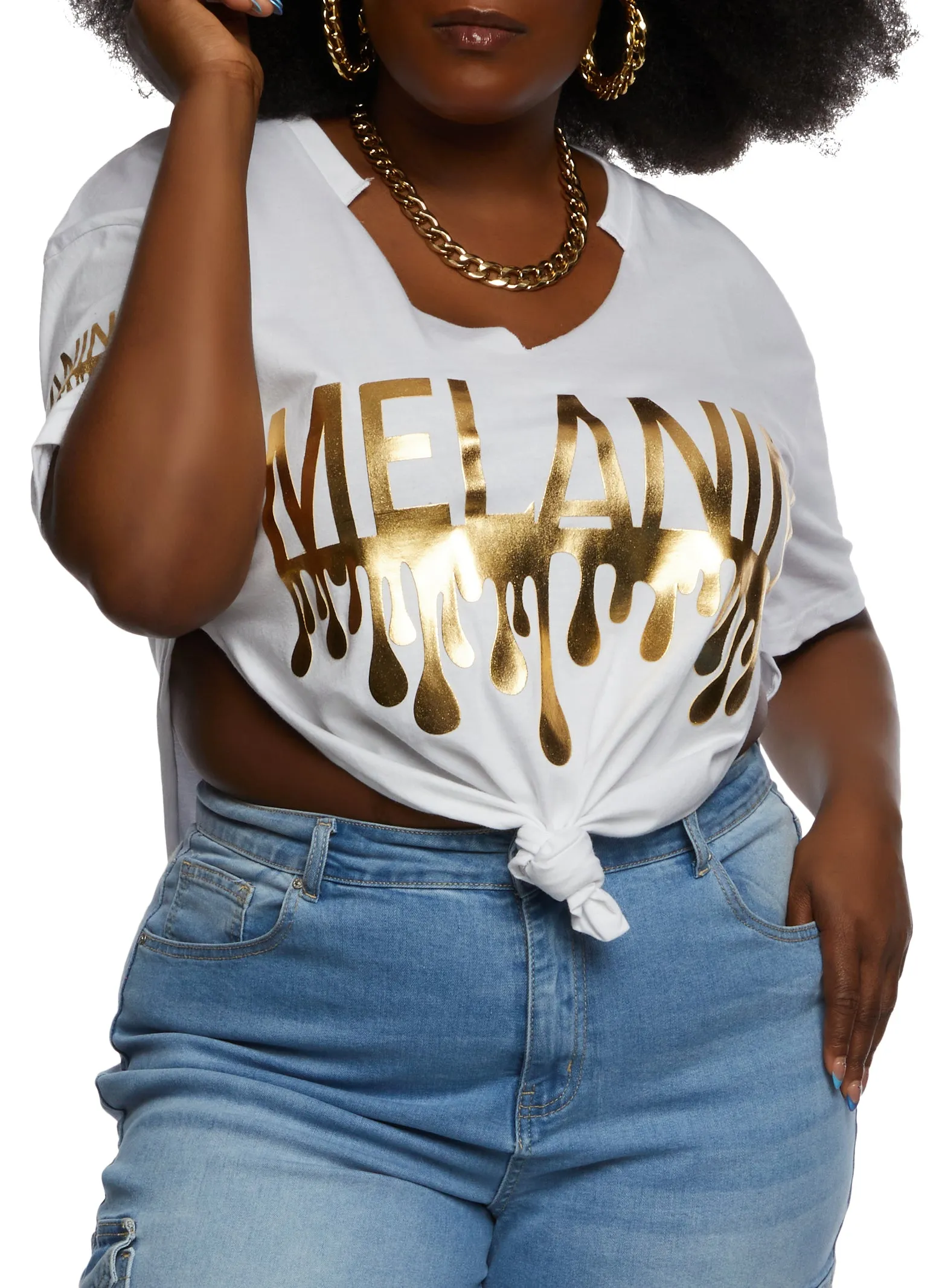 Plus Size Melanin Foil Screen Notch Neck Tee sold by Rainbow