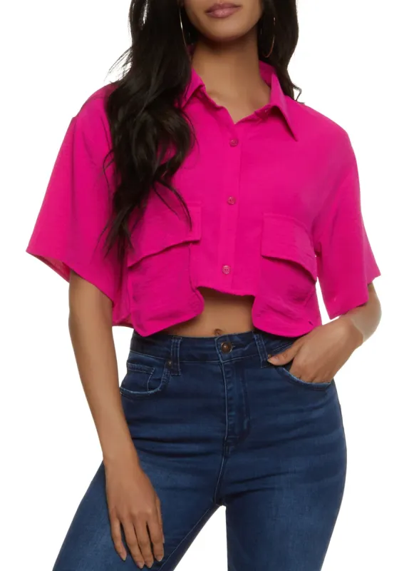 Cropped Flap Pocket Detail Button Front Shirt sold by Rainbow