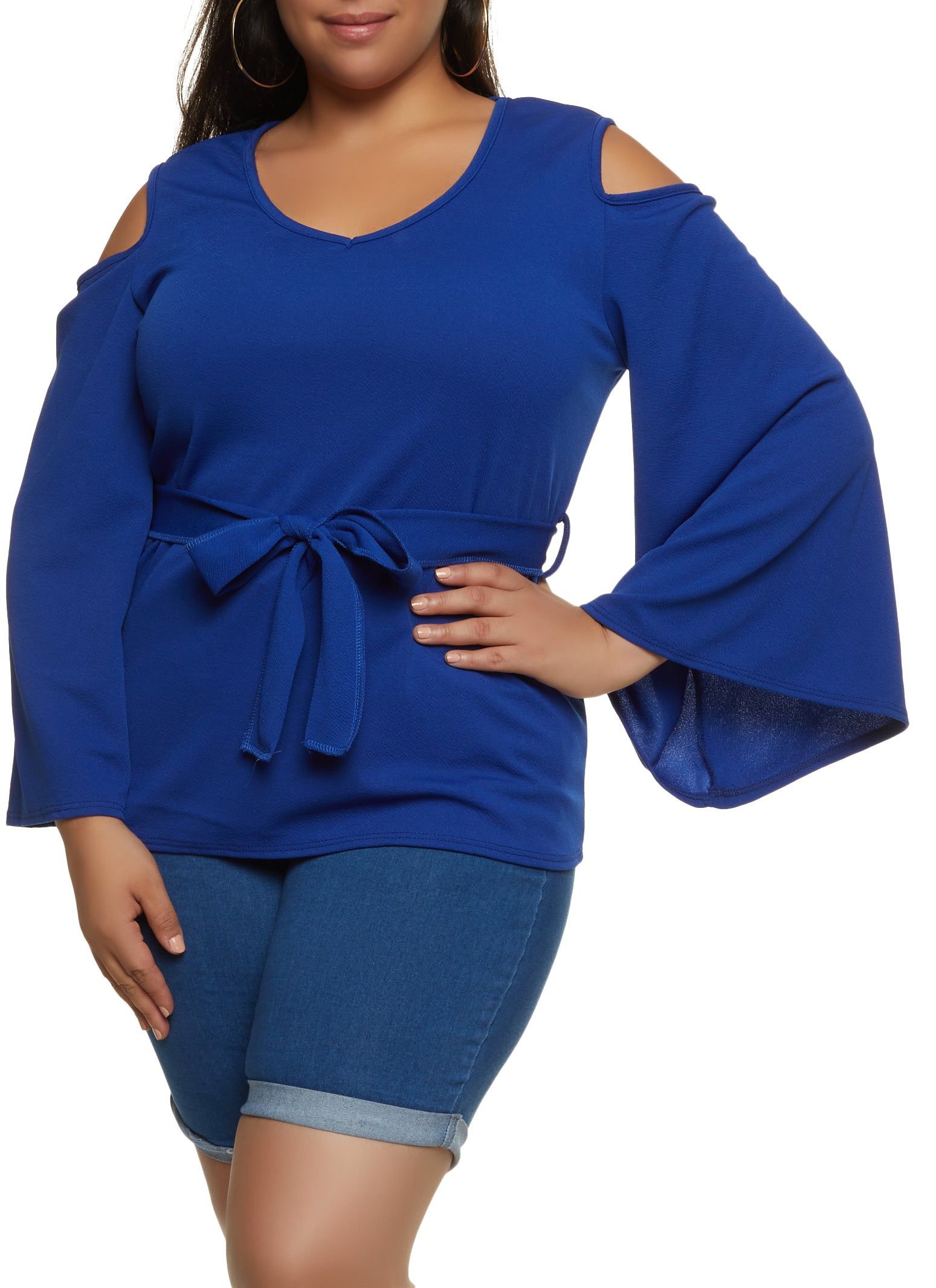 Plus Size Tie Waist Belted Cold Shoulder Blouse sold by Rainbow