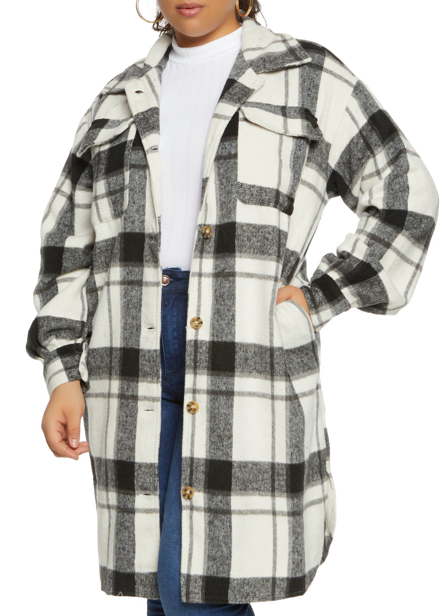 Plus Size Brushed Knit Plaid Longline Shacket sold by Rainbow