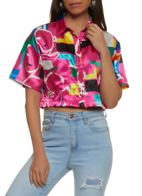 Satin Mixed Print Cropped Shirt sold by Rainbow