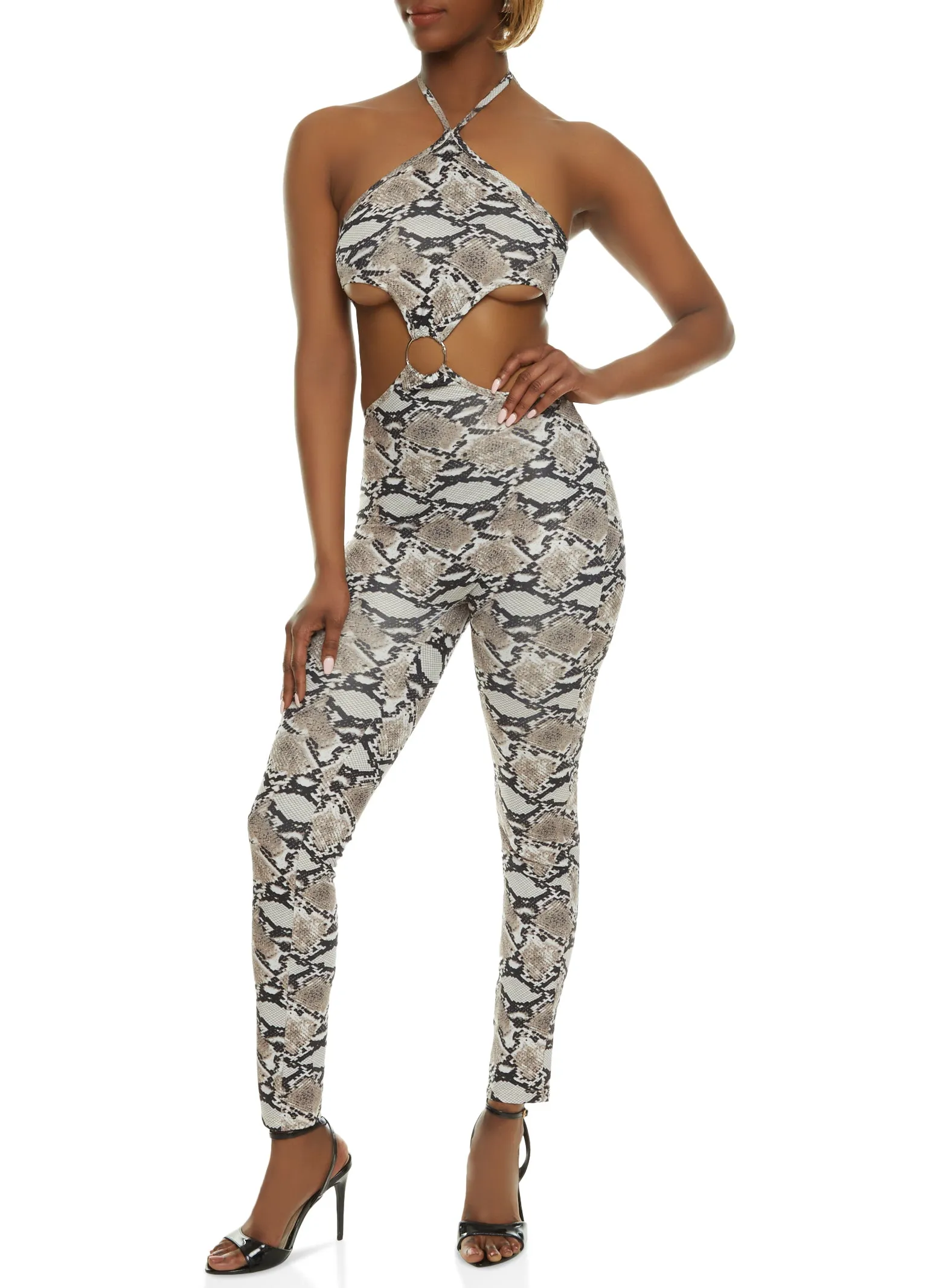 Snake Print O Ring Cut Out Halter Jumpsuit sold by Rainbow