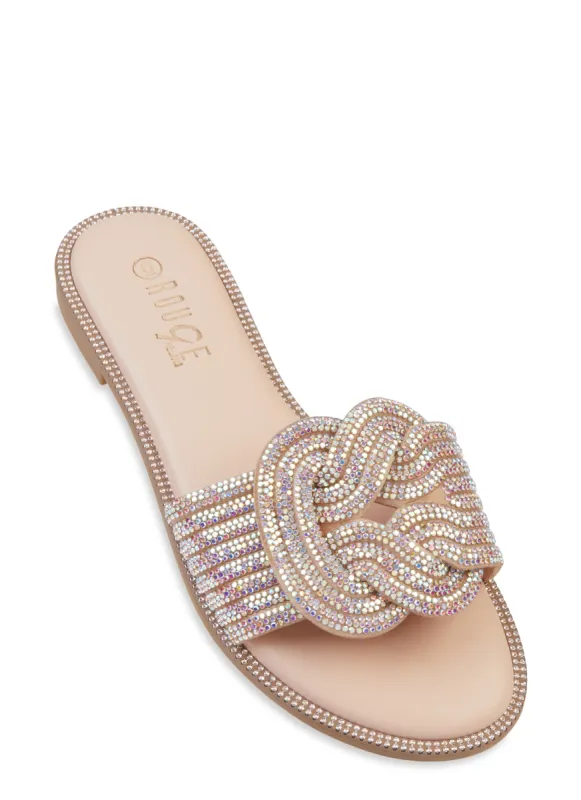 Rhinestone Trim Braided Band Slide Sandals sold by Rainbow