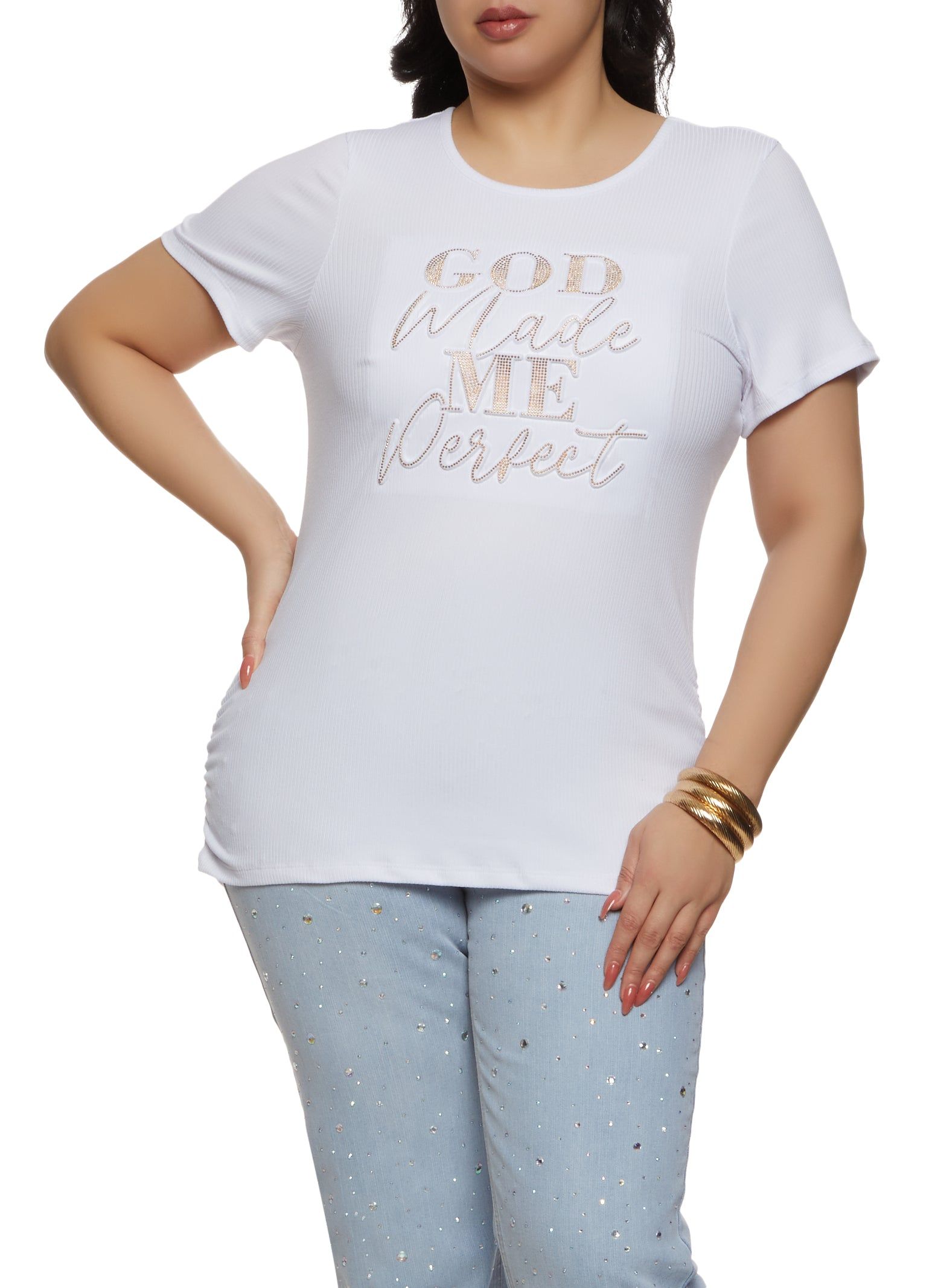 Plus Size God Made Me Rhinestone Embossed Graphic Tee sold by Rainbow