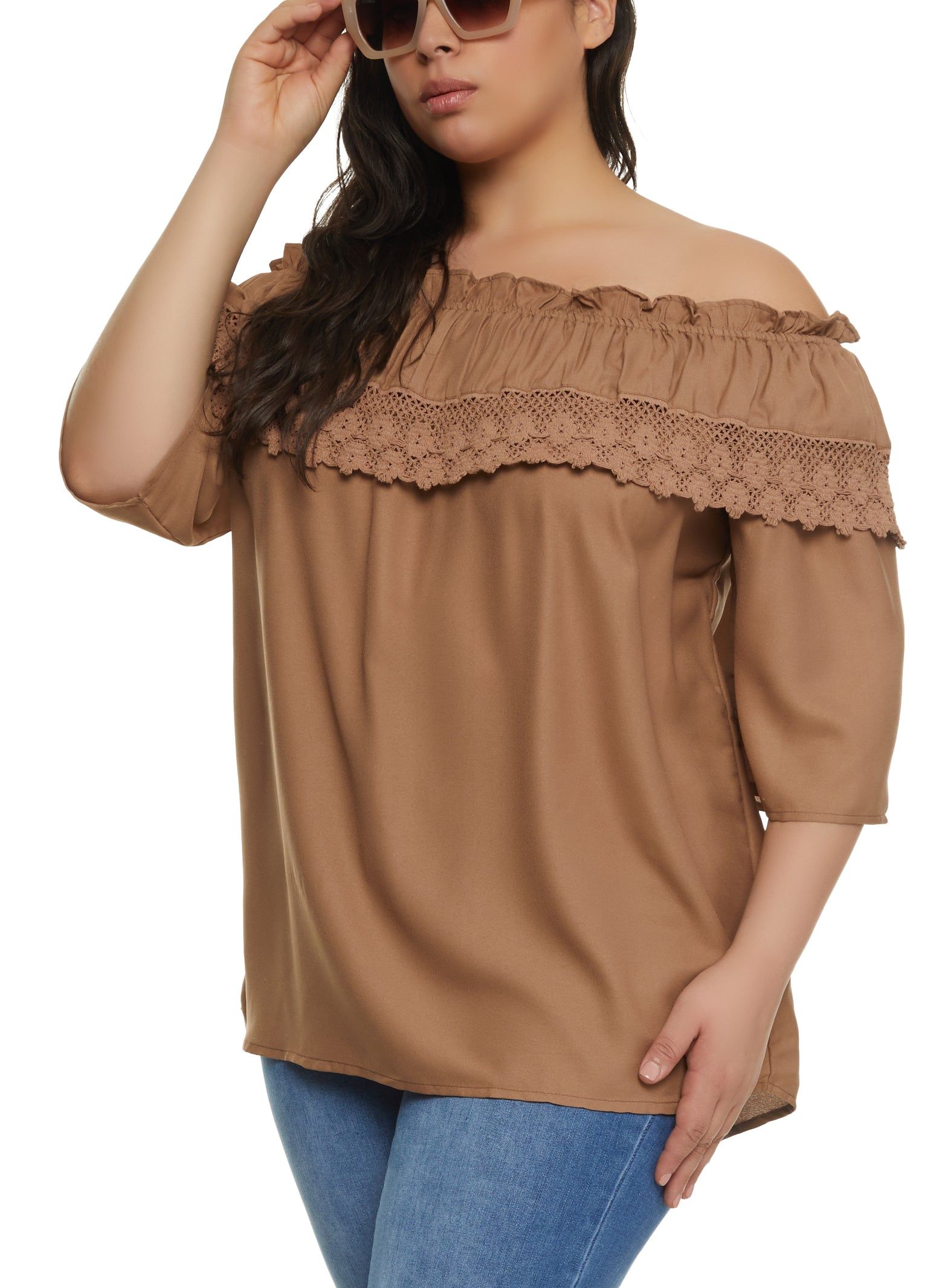 Plus Size Crochet Detail Off the Shoulder Top sold by Rainbow
