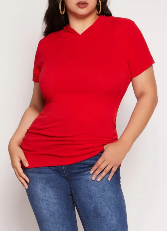 Plus Size Rib Knit Hooded Short Sleeve Tee sold by Rainbow