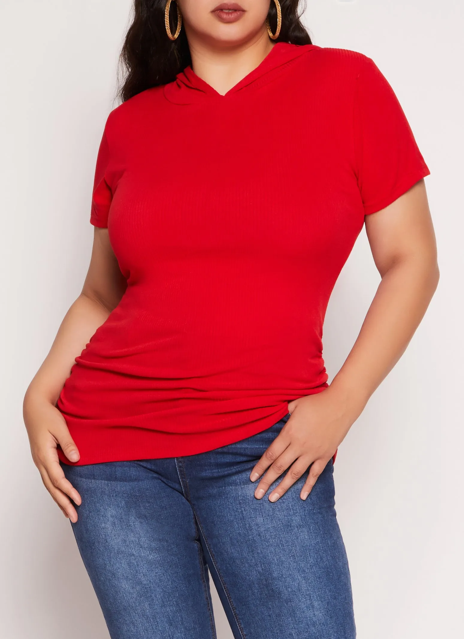 Plus Size Rib Knit Hooded Short Sleeve Tee sold by Rainbow