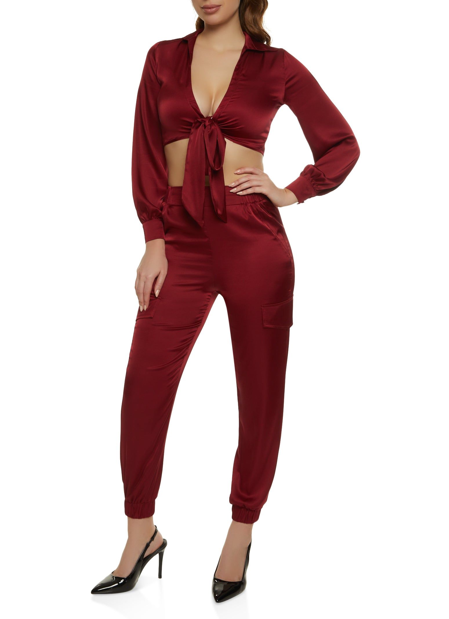 Satin Collared Tie Front Crop Top sold by Rainbow product image thumbnail 2