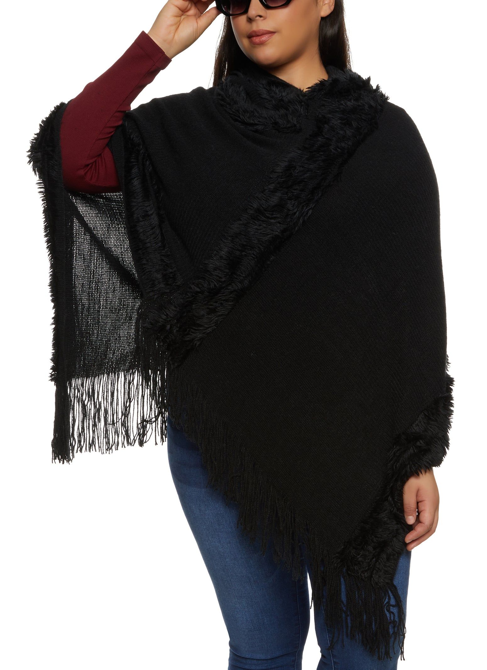 Fringe Hem Hooded Poncho sold by Rainbow