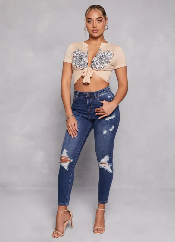 WAX Distressed High Waist Skinny Jeans sold by Rainbow