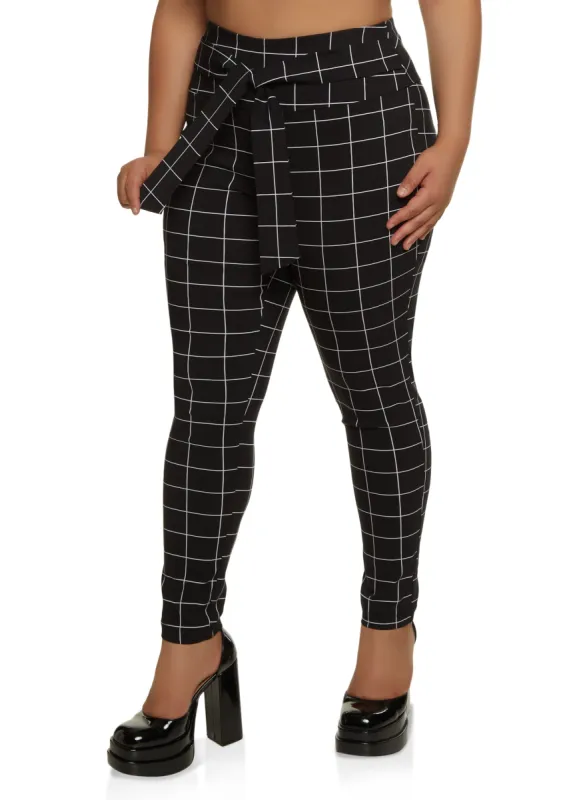 Plus Size Windowpane Print Tie Front Dress Pants sold by Rainbow