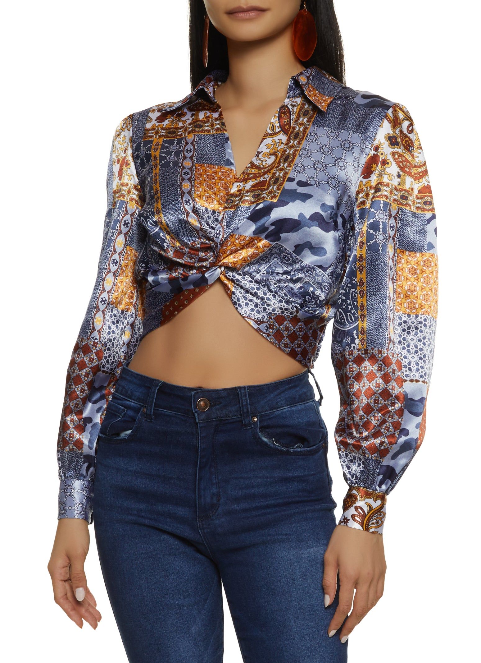 Satin Patterned Twist Front Crop Top sold by Rainbow
