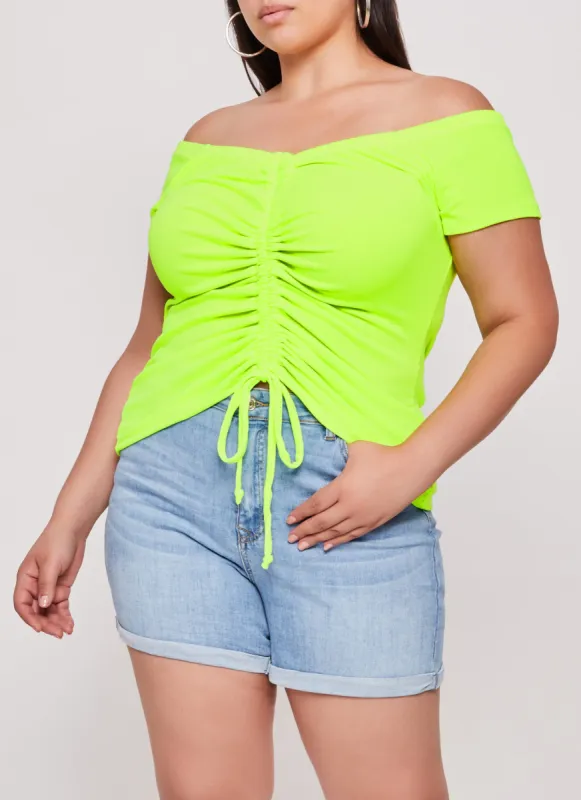 Plus Size Drawstring Ruched Off the Shoulder Top sold by Rainbow