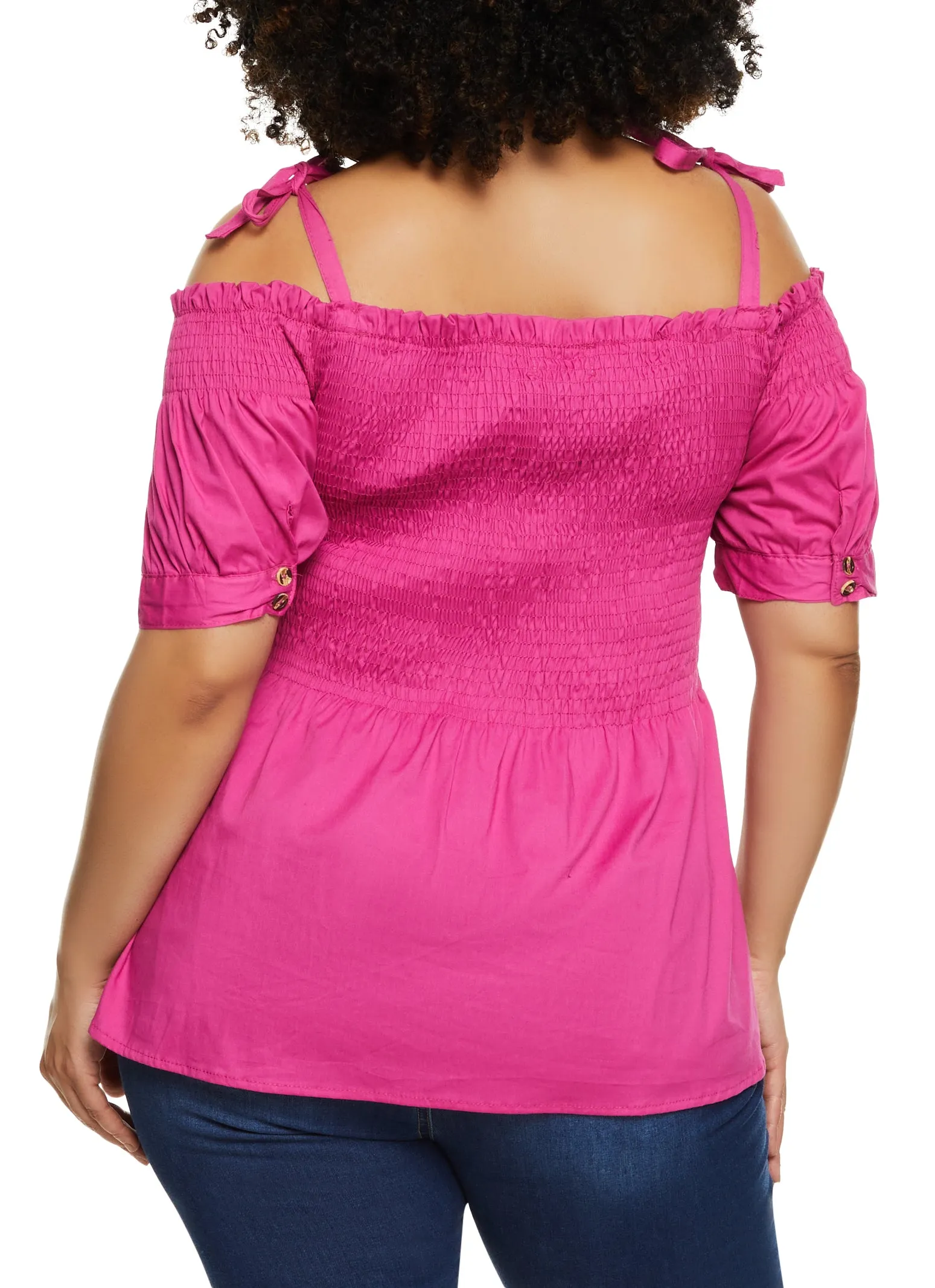 Plus Size Tie Strap Smocked Cold Shoulder Top sold by Rainbow product image thumbnail 3