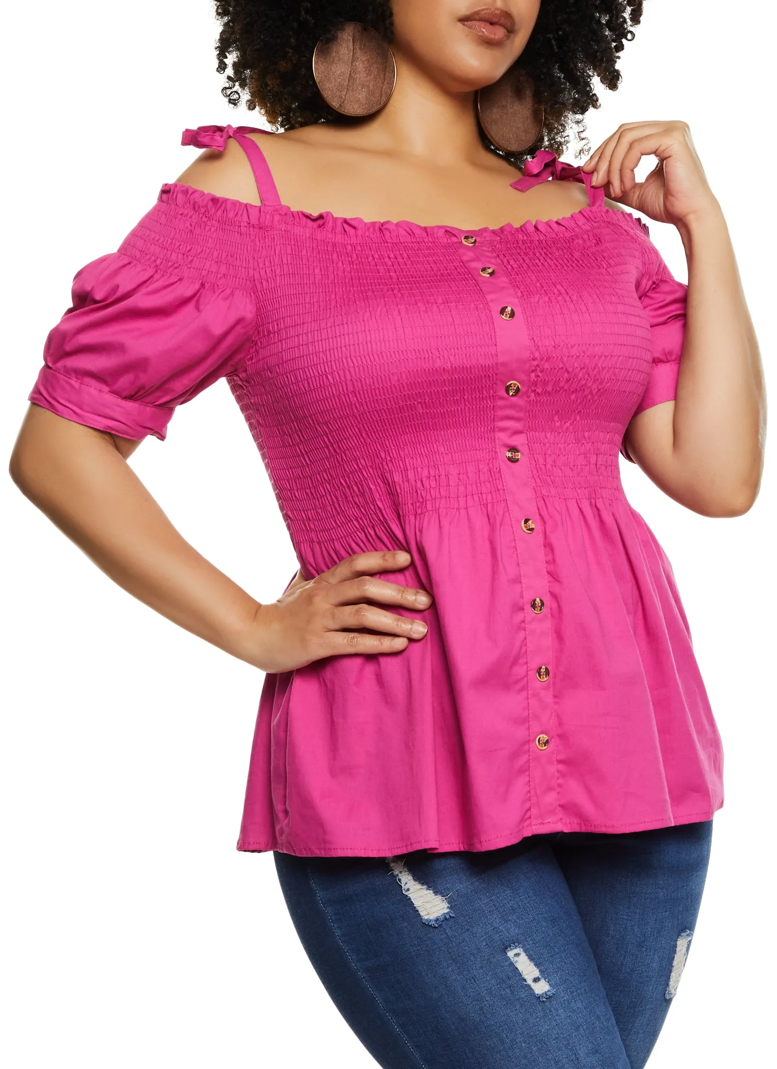 Plus Size Tie Strap Smocked Cold Shoulder Top sold by Rainbow