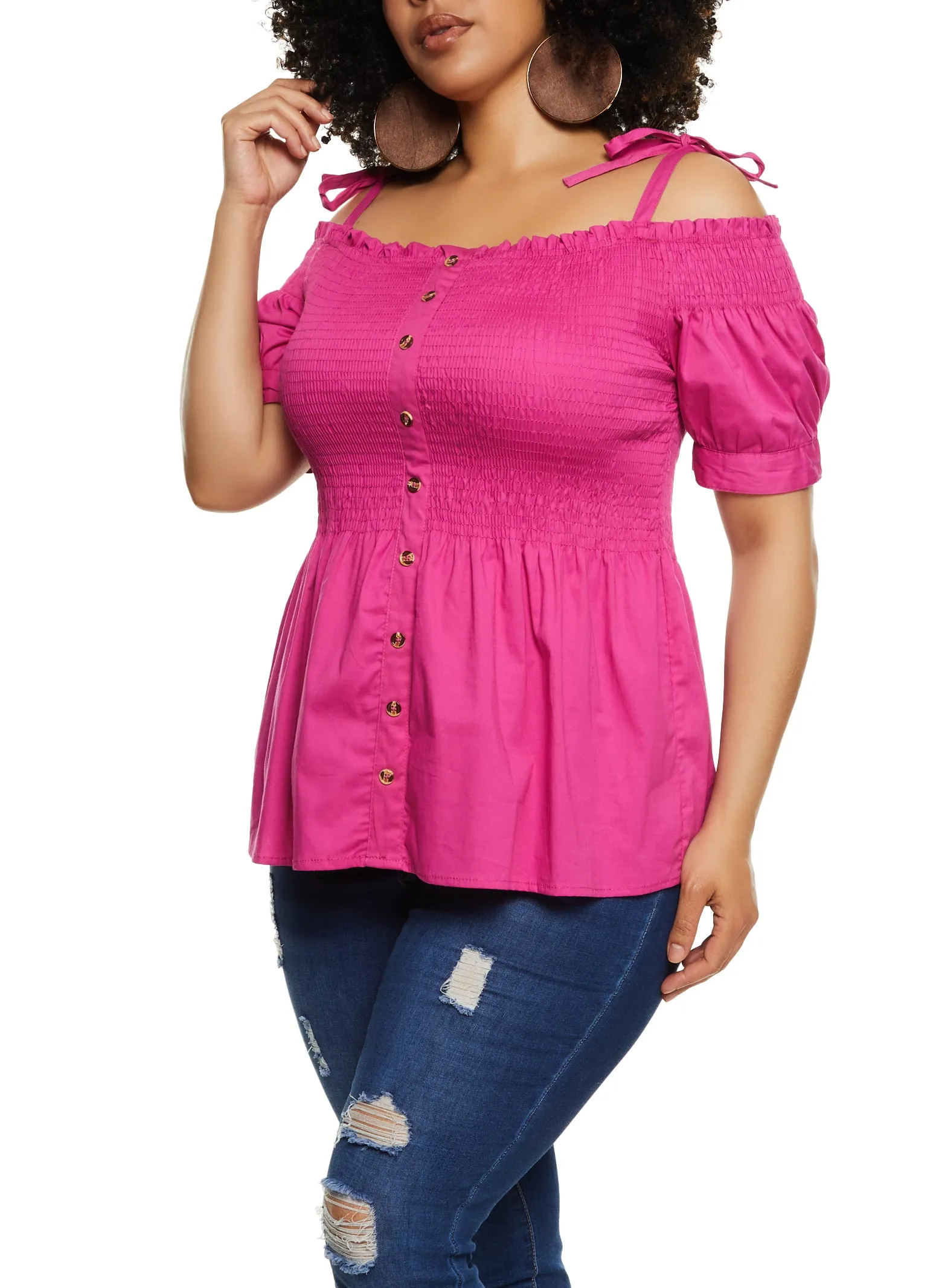 Plus Size Tie Strap Smocked Cold Shoulder Top sold by Rainbow product image thumbnail 2