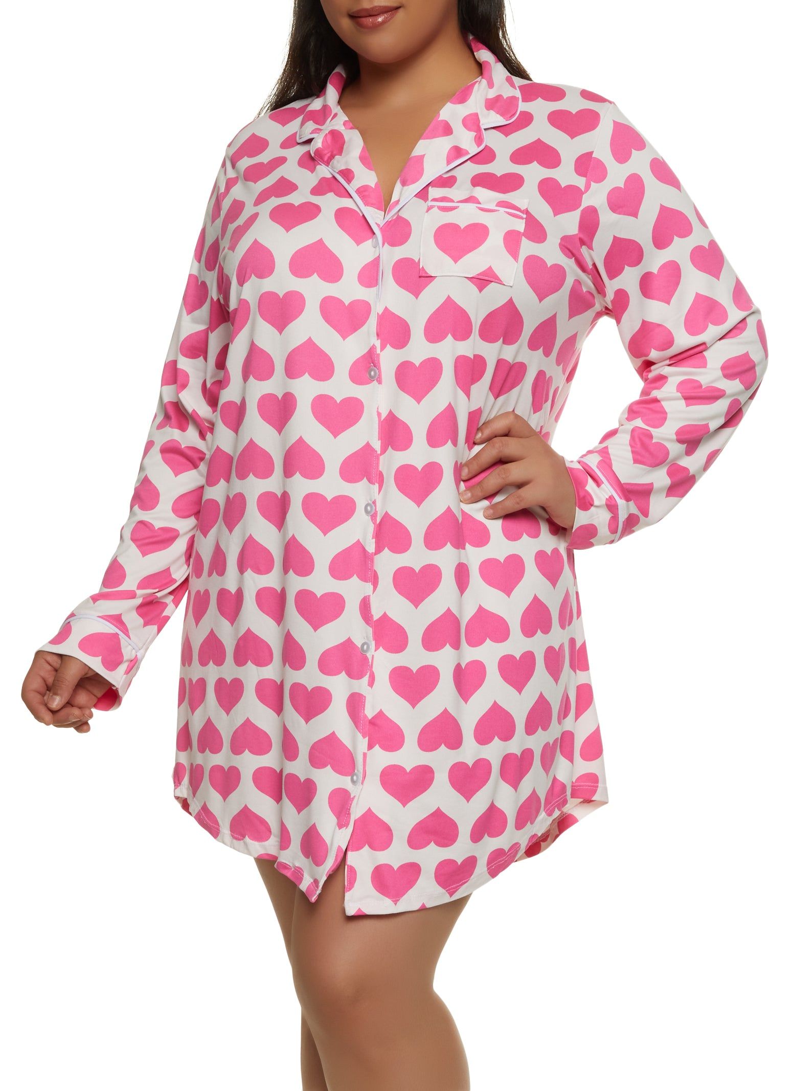 Plus Size Heart Patterned Notch Collar Button Front Nightgown sold by Rainbow