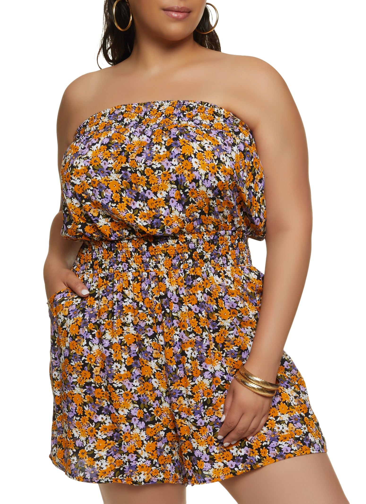 Plus Size Floral Print Smocked Waist Romper sold by Rainbow