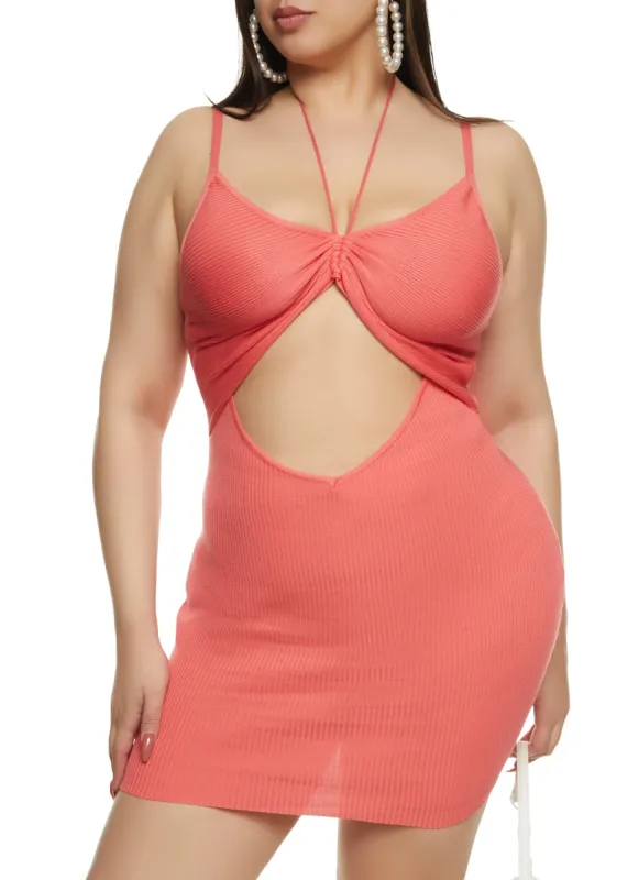 Plus Size Rib Knit Ruched Cut Out Front Mini Dress sold by Rainbow