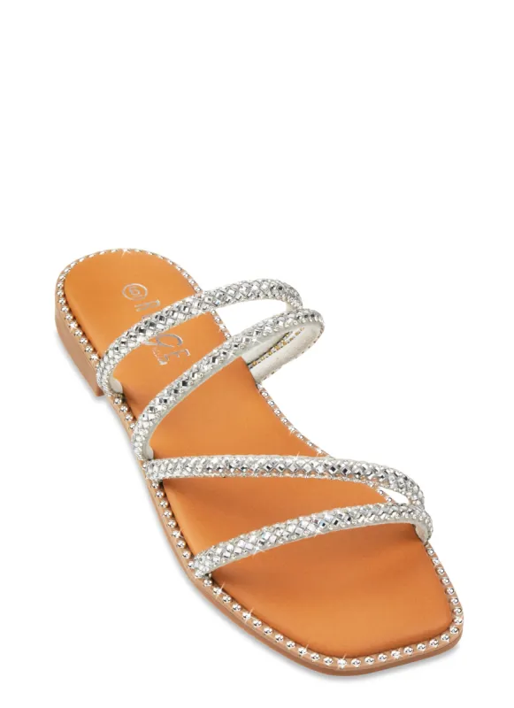 Studded Trim Strappy Rhinestone Slide Sandals sold by Rainbow