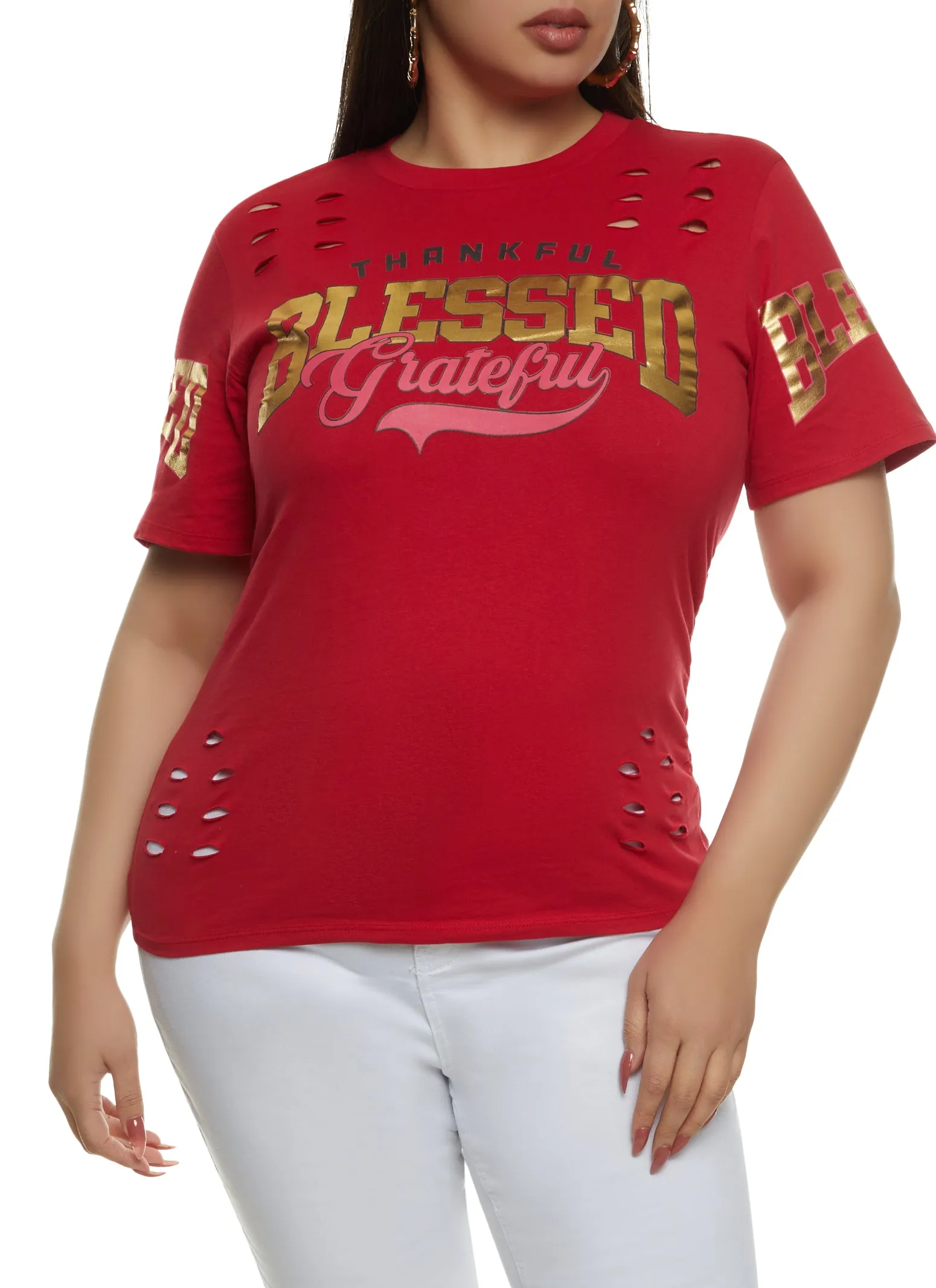 Plus Size Laser Cut Blessed Foil Graphic Tee sold by Rainbow