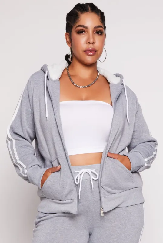 Plus Size Varsity Stripe Zip Front Sherpa Lined Hoodie sold by Rainbow