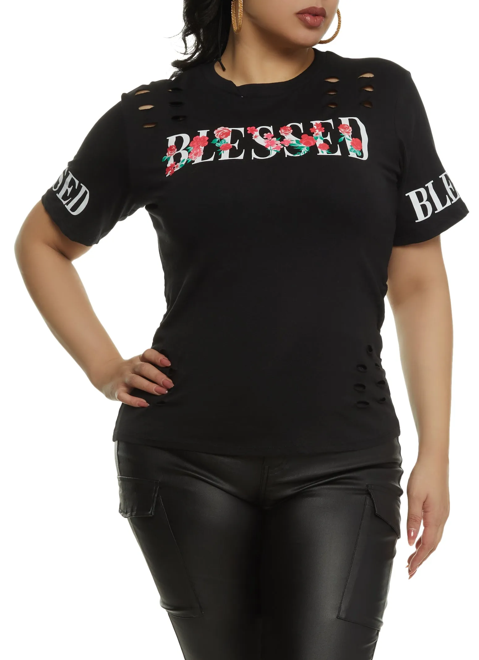 Plus Size Blessed Rose Graphic Laser Cut Tee sold by Rainbow