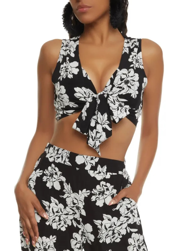 Floral Print Tie Front Crop Top sold by Rainbow