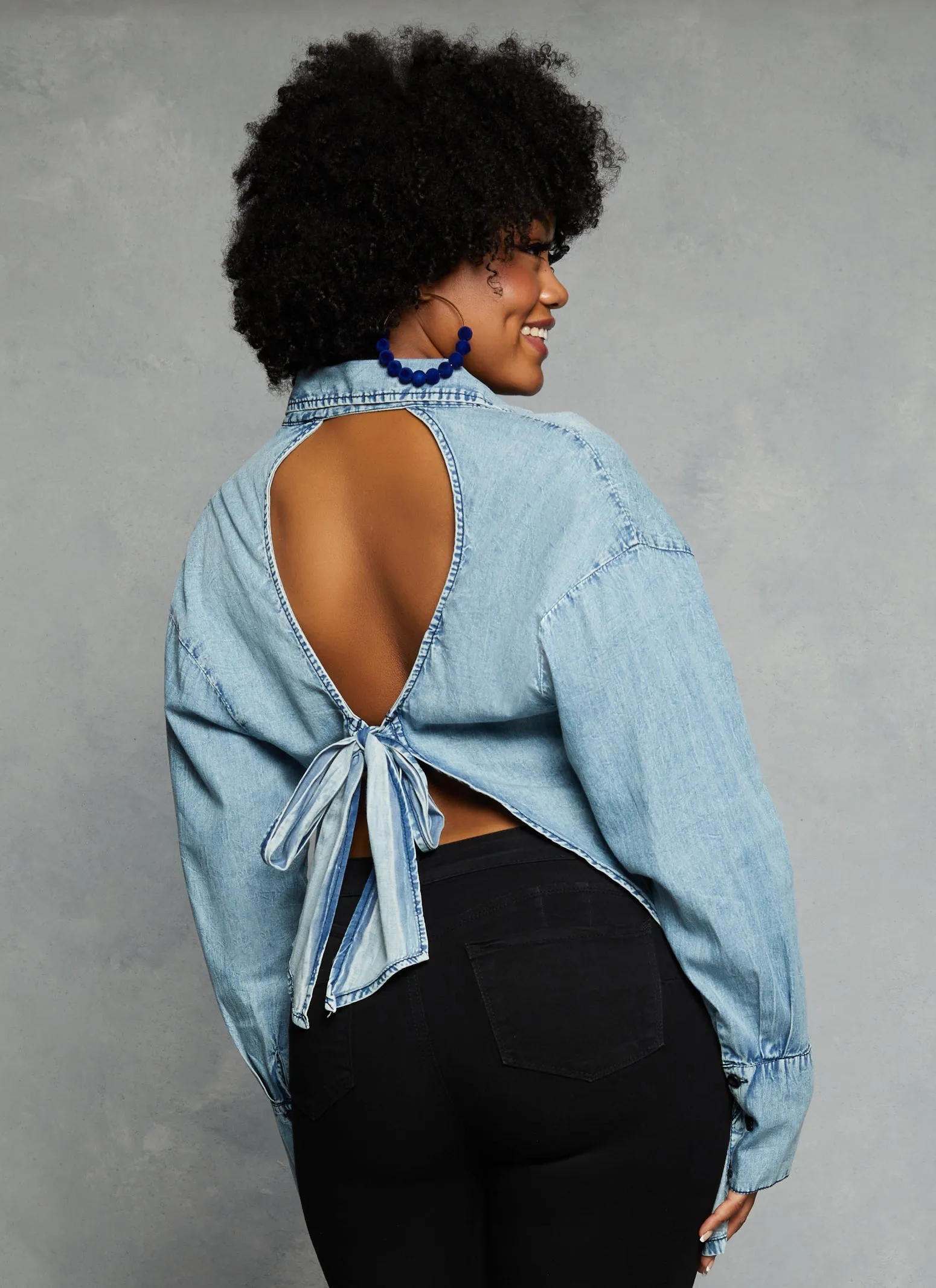 Plus Size Denim Open Tie Back Button Front Shirt sold by Rainbow