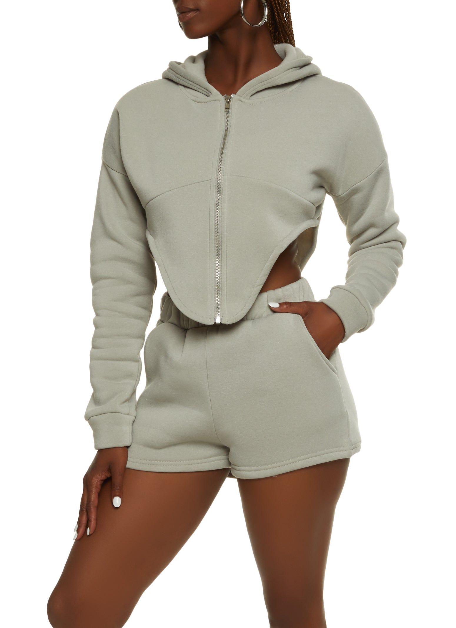 Fleece V Cut Zip Up Cropped Hoodie sold by Rainbow product image thumbnail 2