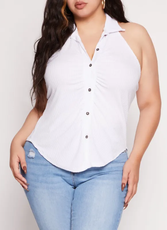 Plus Size Button Down Halter Neck Top sold by Rainbow