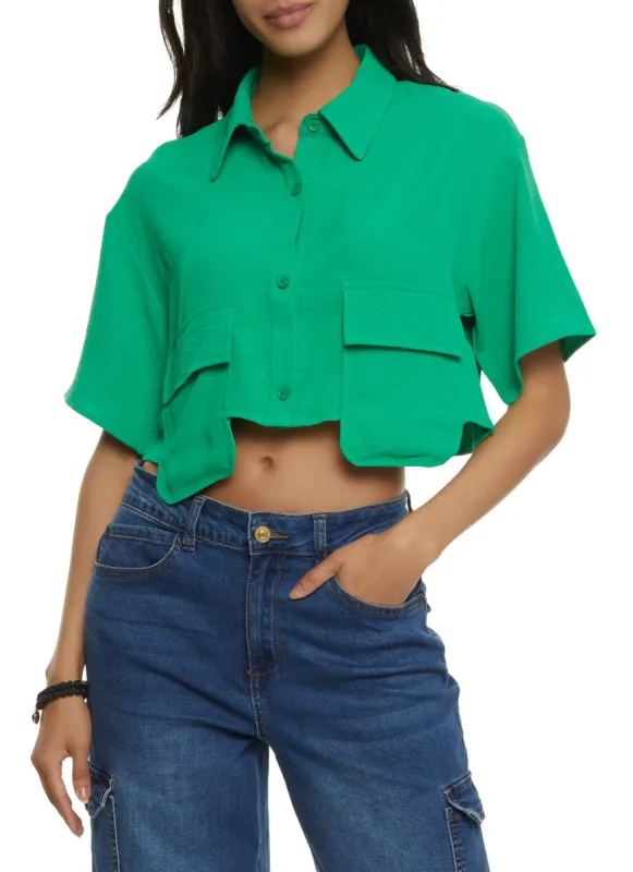 Cropped Flap Pocket Detail Button Front Shirt sold by Rainbow