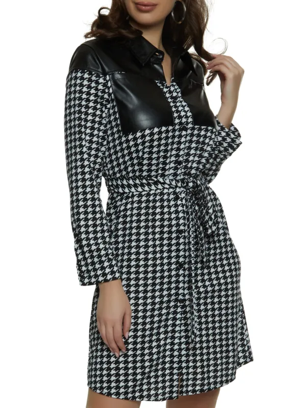 Houndstooth Button Front Tie Waist Shirt Dress sold by Rainbow