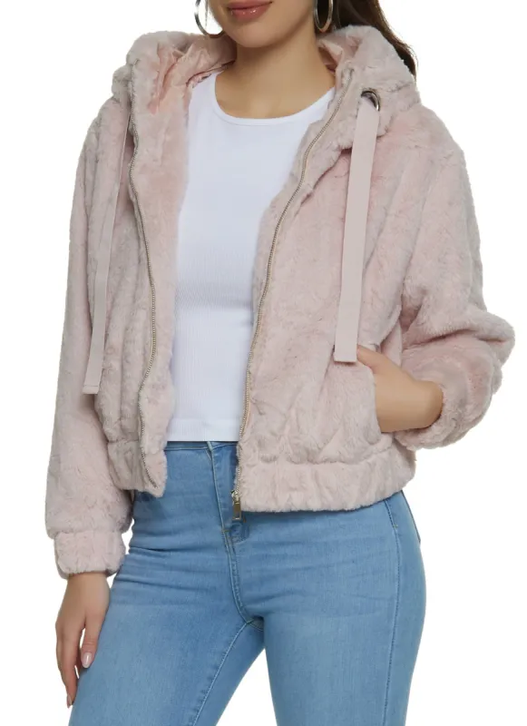 Faux Fur Zip Front Hooded Bomber Jacket sold by Rainbow