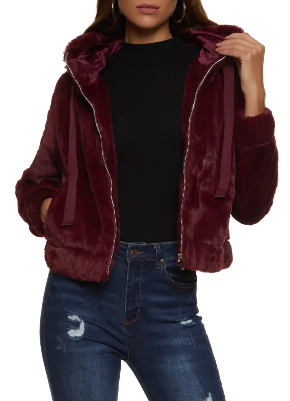Faux Fur Zip Front Hooded Bomber Jacket sold by Rainbow