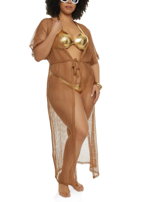 Plus Size Fishnet Tie Waist Cover Up Kimono sold by Rainbow
