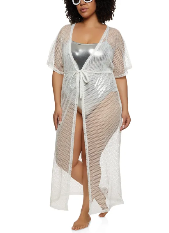 Plus Size Fishnet Tie Waist Cover Up Kimono sold by Rainbow