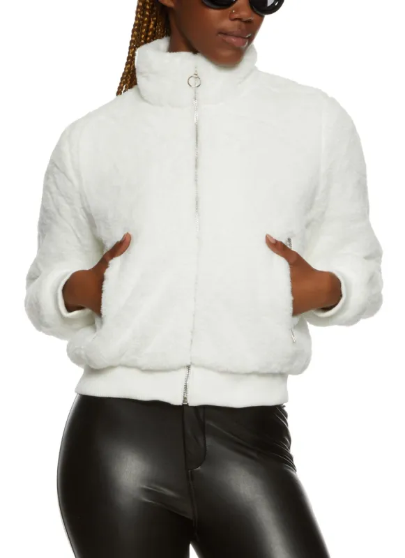 Faux Fur Zip Front Bomber Jacket sold by Rainbow