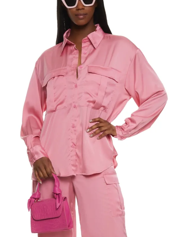 Satin Button Front Cargo Pocket Shirt sold by Rainbow