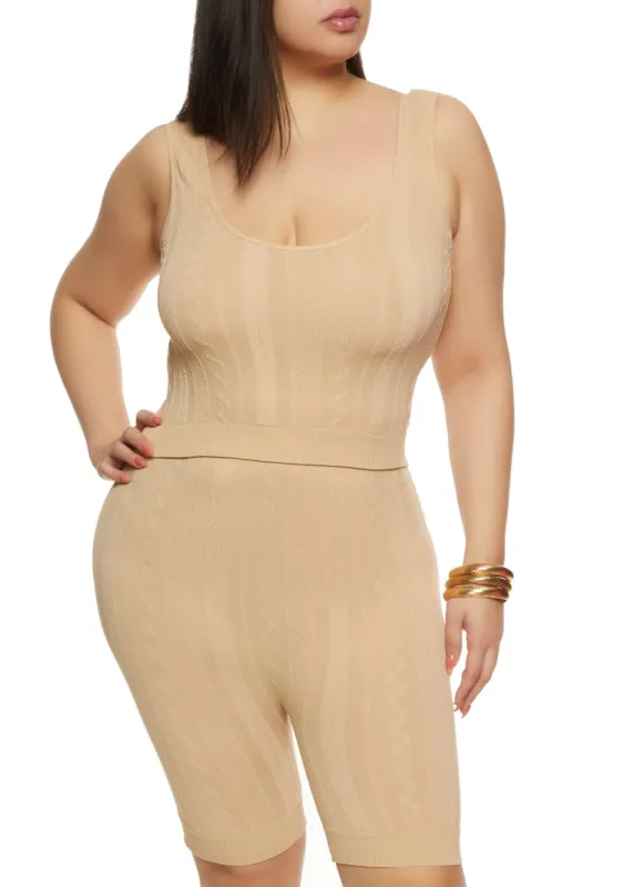 Plus Size Textured Knit Cropped Tank Top and Biker Shorts Set sold by Rainbow