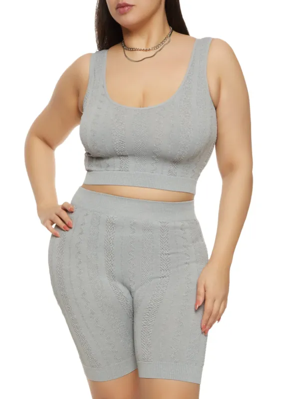 Plus Size Textured Knit Cropped Tank Top and Biker Shorts Set sold by Rainbow