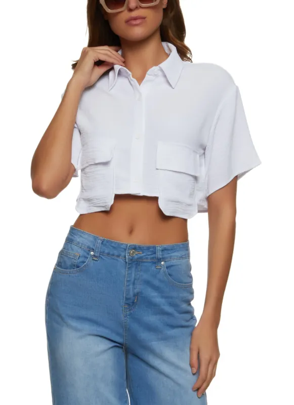 Cropped Flap Pocket Detail Button Front Shirt sold by Rainbow