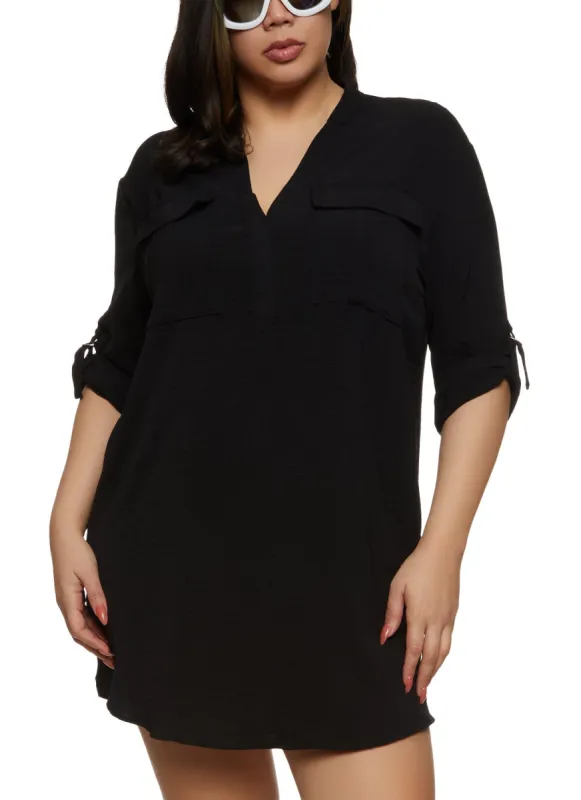 Plus Size Flap Pocket Tabbed Sleeve Shift Dress sold by Rainbow