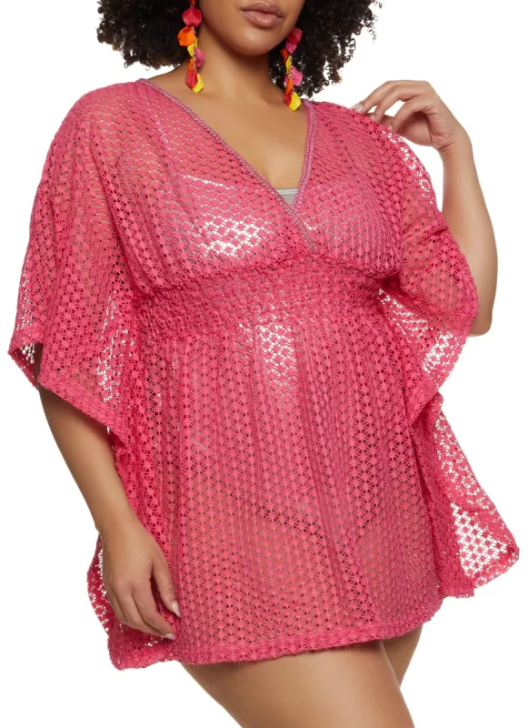 Plus Size Smocked Waist Crochet Cover Up Kimono sold by Rainbow