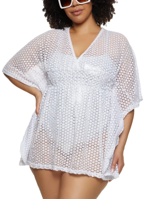 Plus Size Smocked Waist Crochet Cover Up Kimono sold by Rainbow