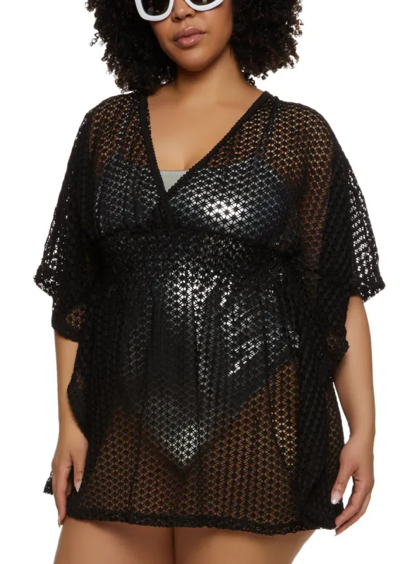Plus Size Smocked Waist Crochet Cover Up Kimono sold by Rainbow