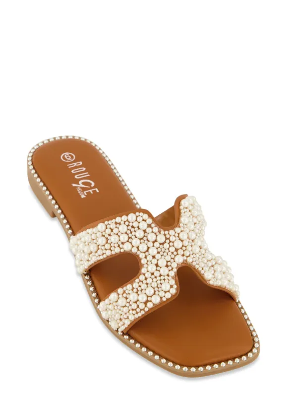 Faux Pearl Band Studded Trim Slide Sandals sold by Rainbow