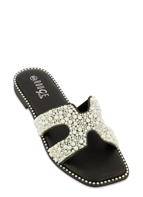 Faux Pearl Band Studded Trim Slide Sandals sold by Rainbow