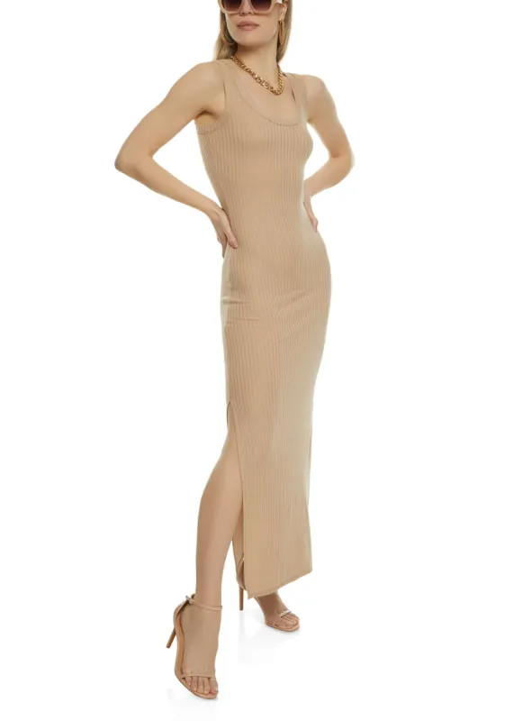 Ribbed Knit Side Slit Maxi Tank Dress sold by Rainbow