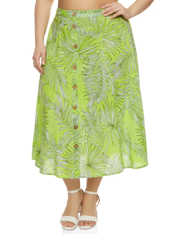 Plus Size Palm Print Button Front Maxi Skirt sold by Rainbow